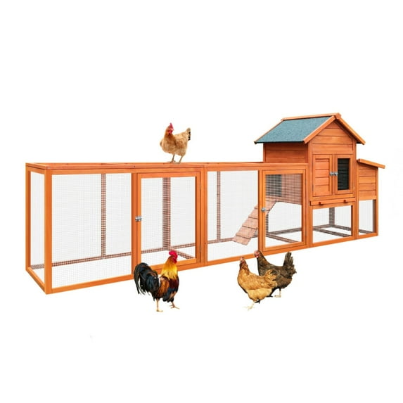 Gray Wooden Chicken Coop Outdoor Hen House with Run, Waterproof Roof & Nesting Box, Rabbit Duck Poultry Cage with Perch, Sliding Tray, and Secure Locks
