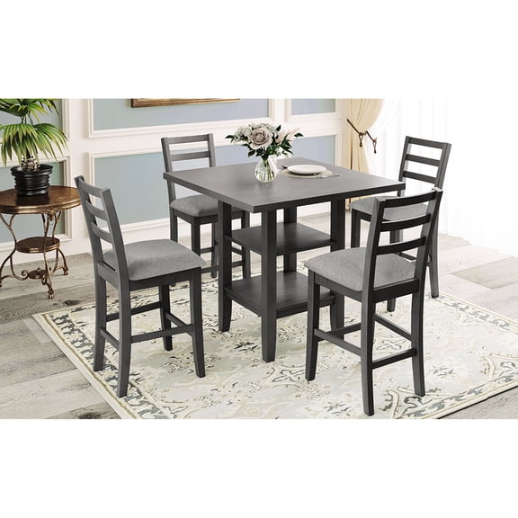 Gray Wooden Dining Set for Family Use | Great for Compact Areas | Legs with Rubber Pads for Balance | Organizes Items on Hidden 2-Tier Shelf