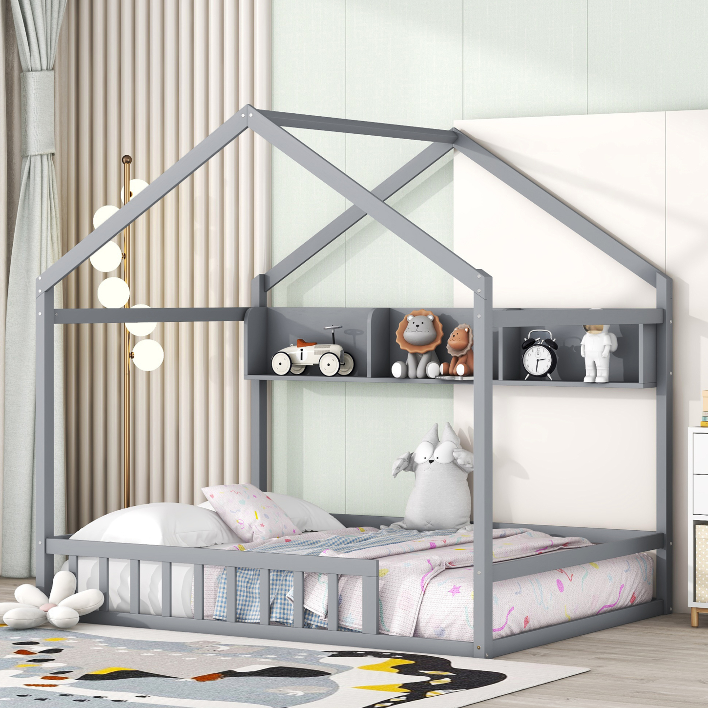 Gray Wooden Full Size House Bed with Fence, Roof, and Storage Shelf