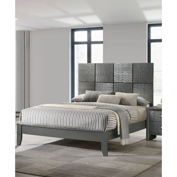 Gray Wooden King Panel Square Design Bed 1pc Bedroom Furniture