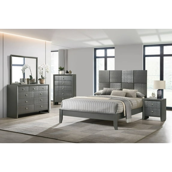 Gray Wooden King Panel Square Design Bed 6pc Master Bedroom Furniture Set