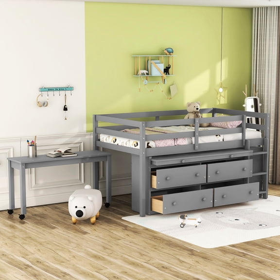 Gray Wooden Loft Bed With Desk And Drawer Combinations - Elegant Look Versatile Bedroom Furniture