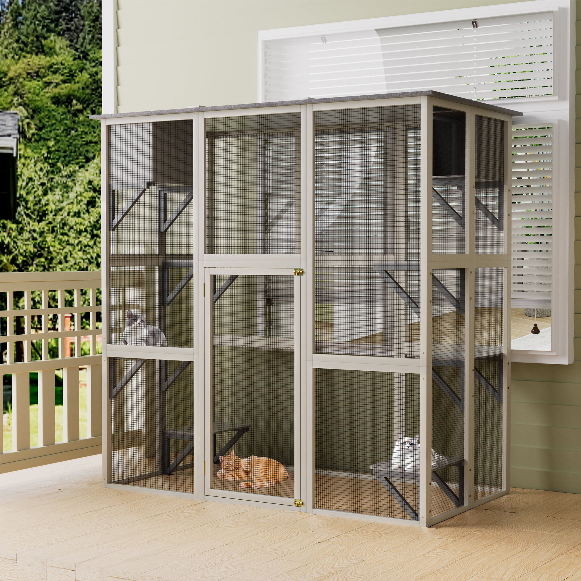 Gray Wooden Outdoor Catio Cat Enclosure with Weatherproof Asphalt Roof, Large Walk-in Cat House with 6 Platforms & 2 Napping Boxes, Solid Wood Cat Cage Kennel Condo Playpen for Patio