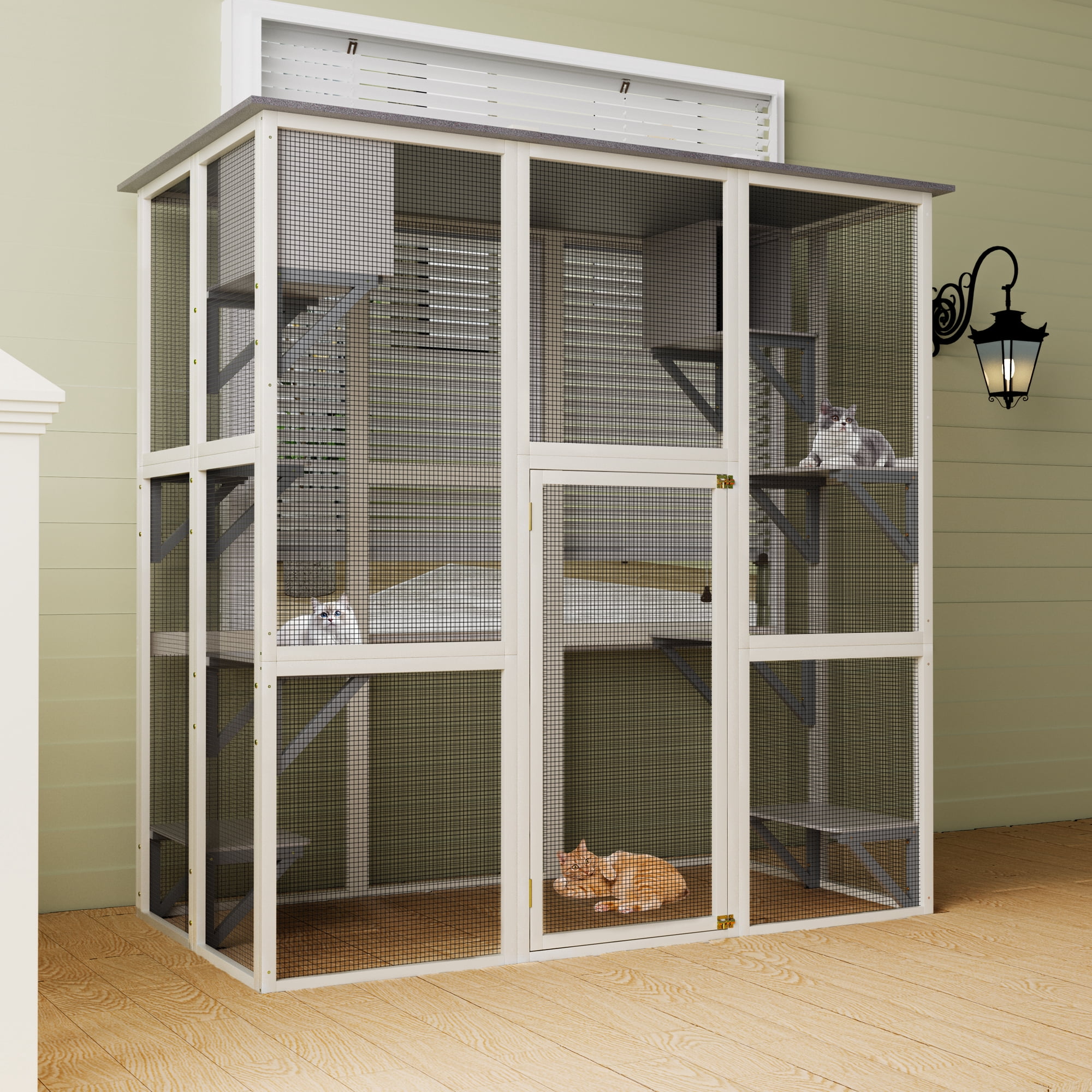 Gray Wooden Outdoor Catio Cat Enclosure with Weatherproof Asphalt Roof, Large Walk-in Cat House with 6 Platforms & 2 Napping Boxes, Solid Wood Cat Cage Kennel Condo Playpen for Patio