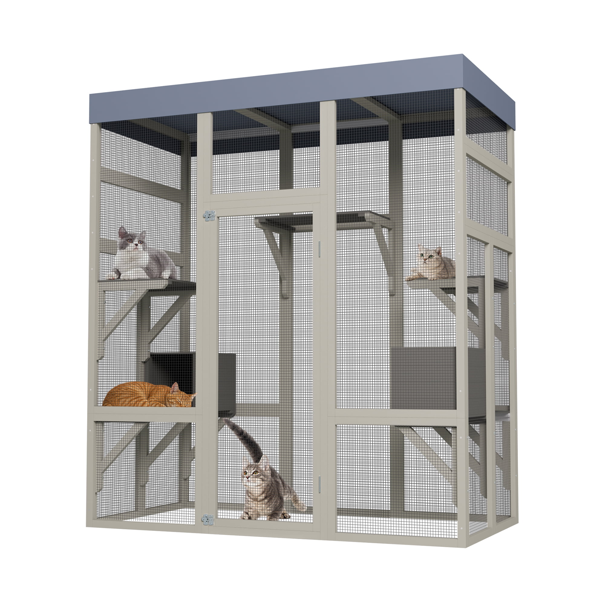 Gray Wooden Outdoor Catio Enclosure, Weather-Resistant Pet House with 2 Napping Boxes & Multiple Platforms, Secure Cat Cage with Galvanized Mesh, Spacious Outdoor Play Area