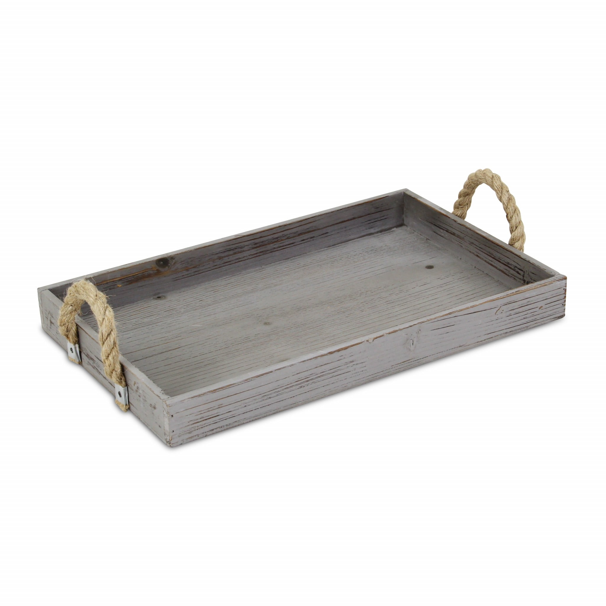 Farmhouse Gray Solid Wood Serving Tray with Rope Handles