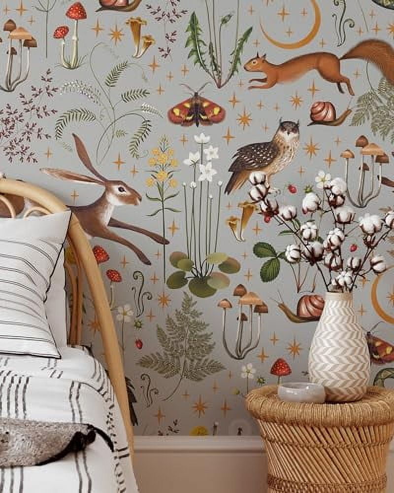 Gray Woodland Wallpaper | Removable Self Adhesive Animals Botanical Wallpaper | Flower and Forest Peel and Stick Wallpaper (1 roll 24" W x 72" H)
