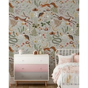 Gray Woodland Wallpaper | Removable Self Adhesive Animals Botanical Wallpaper | Flower and Forest Peel and Stick Wallpaper (1 roll 24" W x 96" H)