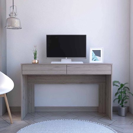 Gray Work Desk With Two Drawer Slots - Stylish Writing Drawers For Organized