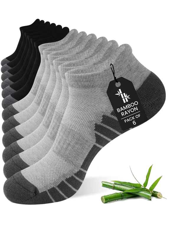 6 Pairs Men's Bamboo Fiber Ankle Socks, Low Cut Cushioned Athletic Running Workout Fitness Socks ,GRAY (13-15)