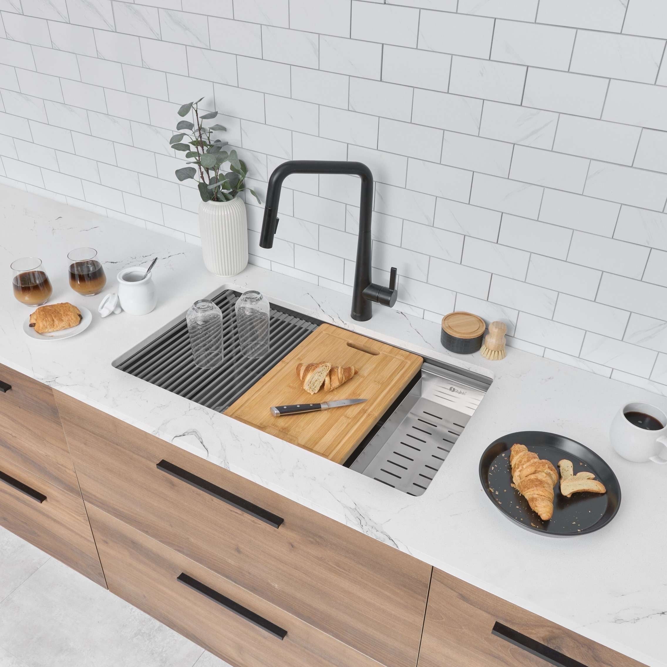 Stylish Stainless Steel Colander (16" x 8"), Gray Silicone Drying Rack (16 ¾" x 13 ⅛") & Bamboo Cutting Board (16 ¾" x 11"), A-919KIT