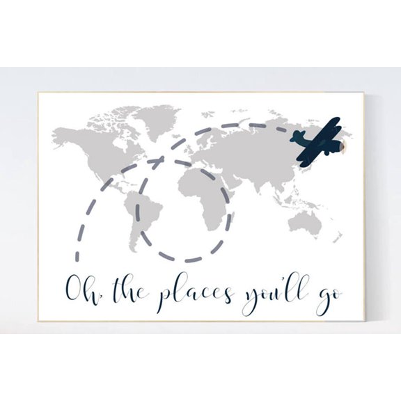 Gray World Map Travel Nursery Poster