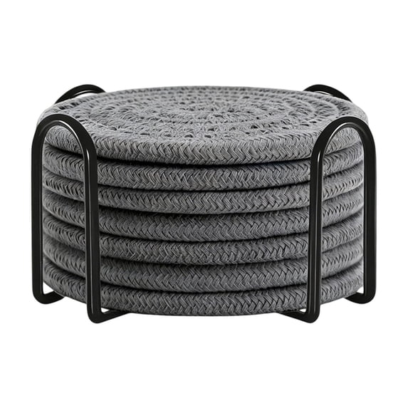 Gray Woven Coasters, Heat Resistant Round Table Coaster Set Of 8 With 1 Metal Storage Rack For Kitchen Dining Table Coffee Drinks
