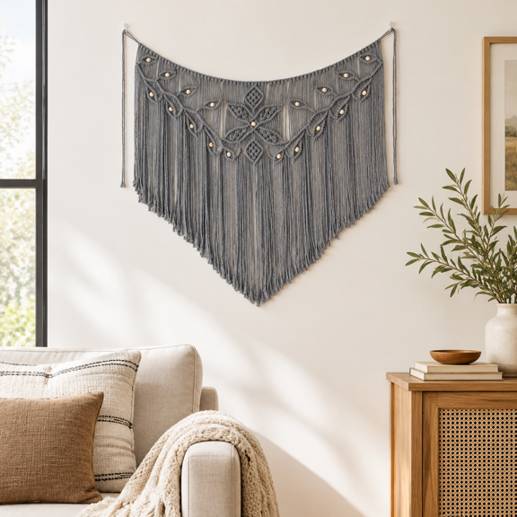 Gray Woven Macrame Tapestry, Large Curtaleaf Shape with Beads and Tassels for Wall Decor