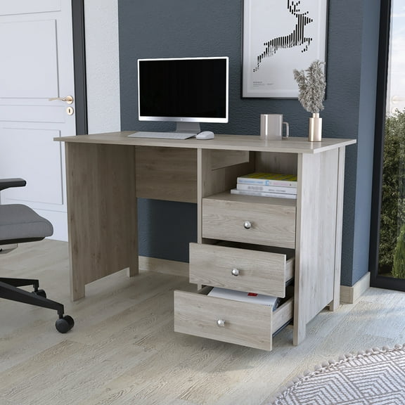 Gray Writing Desk, , 3 Drawers & Stylish Shelf Craft Organized Storage