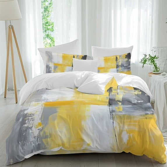 Gray Yellow Abstract 4 Piece Duvet Cover Set Twin Size Watercolor Graffiti Soft Bedding Set Comforter Cover, 1 Duvet Cover 1 Flat Sheets and 2 Pillowcases