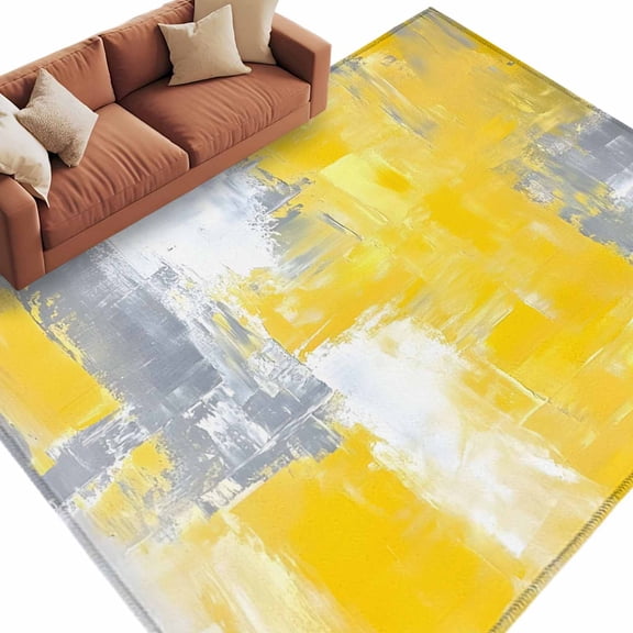 Gray Yellow Abstract Area&nbsp;Rug 5x8ft Graffiti Brush Non-Slip&nbsp;Washable Square&nbsp;Rugs Soft Felt Indoor Floor Mat for Bedroom Kitchen Living Room Bathroom
