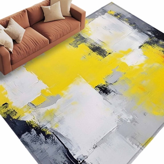 Gray Yellow Abstract Area&nbsp;Rug 6x9ft Graffiti Brush Non-Slip&nbsp;Washable Square&nbsp;Rugs Soft Felt Indoor Floor Mat for Bedroom Kitchen Living Room Bathroom