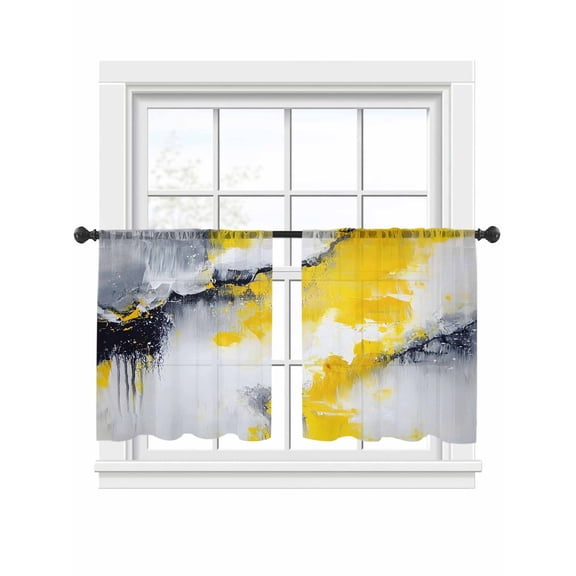 Gray Yellow Abstract Sheer Curtains for Living Room Bedroom, Light-filtering Sheer Curtain, Street Art LigRod Pocket Voile Window Treatment Drapes, 52’’Wx54’’L, 2 Panels Set