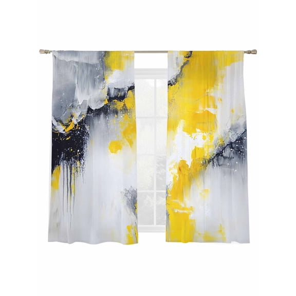 Gray Yellow Abstract Sheer Curtains for Living Room Bedroom, Light-filtering Sheer Curtain, Street Art Rod Pocket Voile Window Treatment Drapes, 52’’Wx63’’L, 2 Panels Set