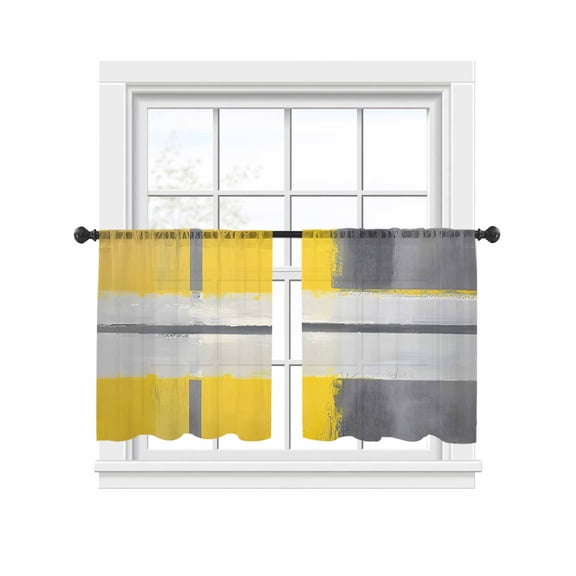 Gray Yellow Abstract Sheer Curtains for Living Room Bedroom, Light-filtering Sheer Curtain, Watercolor Gradient LigRod Pocket Voile Window Treatment Drapes, 52’’Wx54’’L, 2 Panels Set