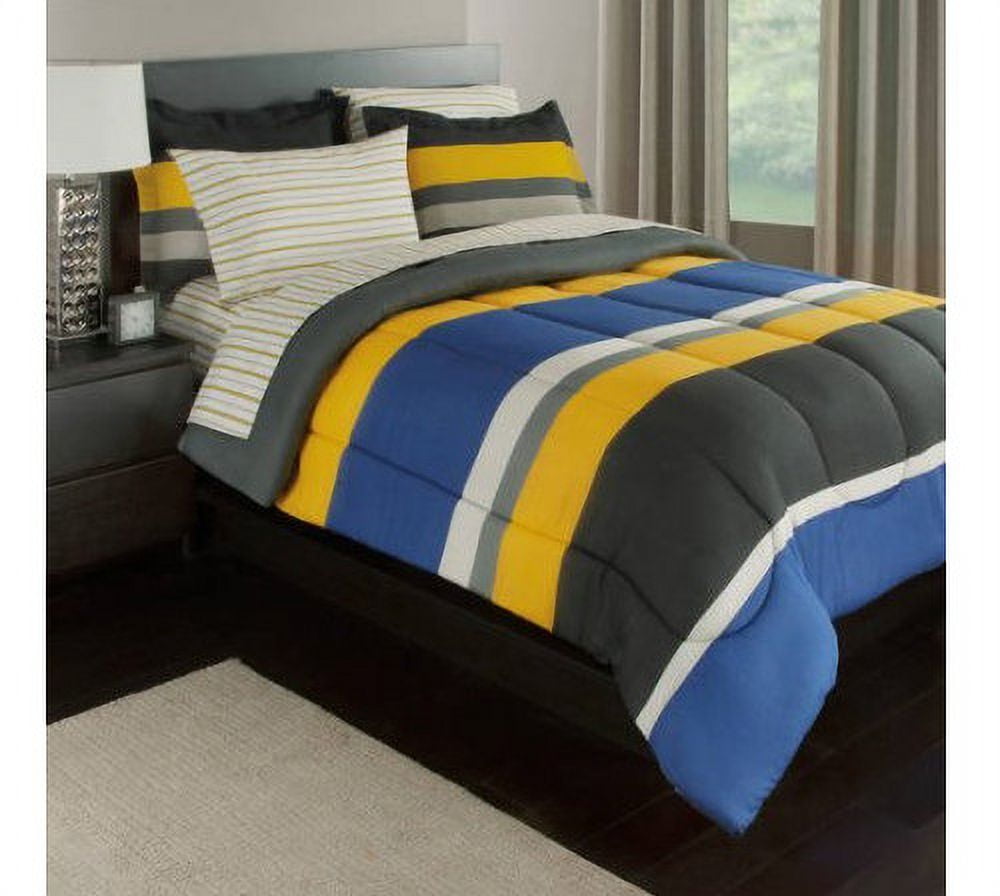 Gray, Yellow & Blue Stripes Boys Teen Queen Comforter Set (7 Piece Bed In A Bag)