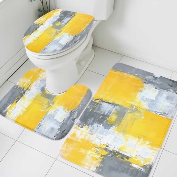 Gray Yellow Brush Bathroom Rugs Set Watercolor Graffiti Non Slip Absorbent Soft Bath Mats 3 Piece Set with Bathroom Rug, U-Shaped Floor Mat, Toilet Seat Cover Small Size