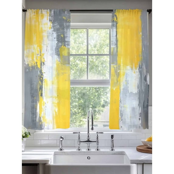 Gray Yellow Brush Sheer Curtains 72 Inches Long 2 Panels Watercolor Graffiti Light Filtering Semi Sheer Window Curtains Drapes for Bedroom Living Room 52"x72"