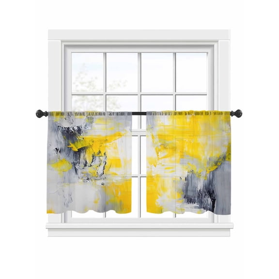 Gray Yellow Brush Sheer Curtains for Living Room Bedroom, Light-filtering Sheer Curtain, Abstract Graffiti LigRod Pocket Voile Window Treatment Drapes, 52’’Wx54’’L, 2 Panels Set
