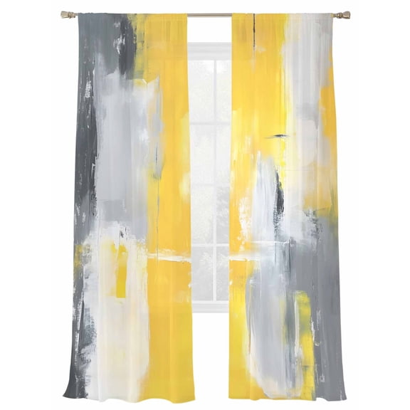 Gray Yellow Brush Sheer Curtains for Living Room Bedroom, Light-filtering Sheer Curtain, Graffiti Watercolor Rod Pocket Voile Window Treatment Drapes, 52’’Wx108’’L, 2 Panels Set