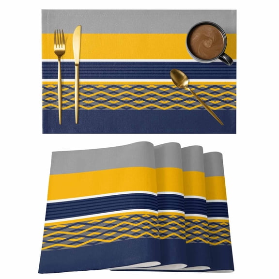 Gray Yellow Dark Blue Placemats Set of 4 Geometric Lines Modern Heat Insulation Washable Place Mats, Rustic Non-Slip Table Mats for Dining Table Party Kitchen Decor,13x19 Inch