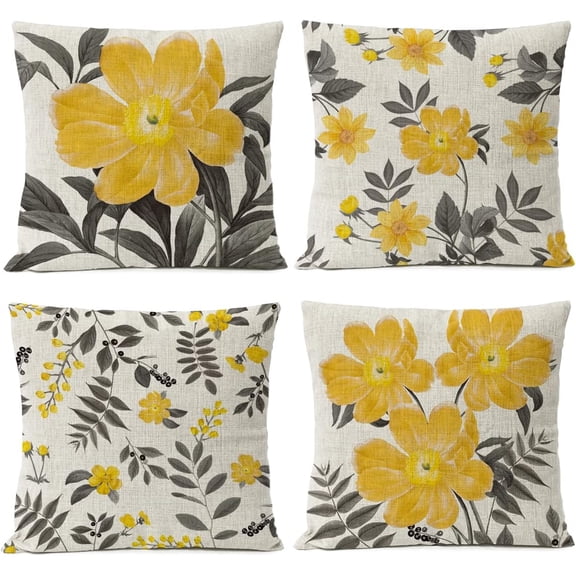 Gray Yellow Floral Throw Pillow Covers 18x18 Set of 4 Flowers Grey Leaf Linen Cushion Cover Home Decorative Yellow Pillow Cases Office Couch Sofa Decor Pillows