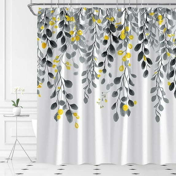 Gray Yellow Flower Shower Curtain Spring Watercolor Leaves Boho Art Nature Rustic Plant Home Fabric Bathroom Decor Set Include Hooks 36"W x 72"L