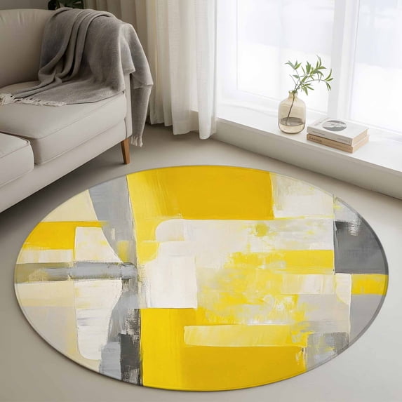 Gray Yellow Gradient 4FT Round Area Rugs for Living Room 111 Retro Abstract Watercolor Ultra-Thin Non-Slip Round Rugs Machine Washable Low Pile Circle Carpet for Bedroom Kitchen Nursery