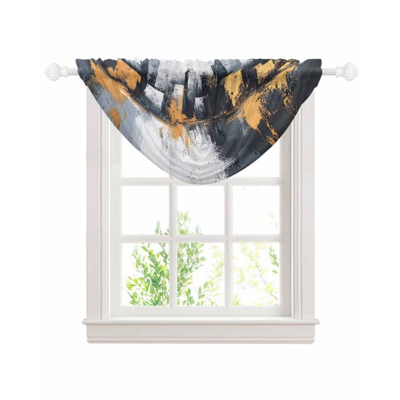 Gray Yellow Oil Painting Sheer Waterfall Valance Curtains for Window, Modernism Minimalist City Rod Pocket Sheer Topper Swag Curtains for Living Room, Kitchen 38.5"W x 47.2"L, 1 Panel