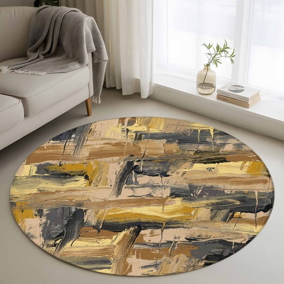 Gray Yellow Round Living Room Rugs 3.3 ft, Abstract Modern Retro Polypropylene Pigment Taxture Washable Area Rug with Non-Slip Sturdy Edge Binding Round Front Door Mat Floor Carpet for Entryway