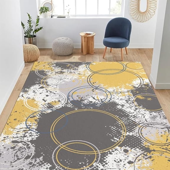 Gray and Yellow Rug - Home Decor Gifts, Retro Trendy Geometric Area Rug for Living Room, Washable Rugs for Bedroom, Non Slip Indoor Carpet, Soft Low Pile 3 x 4ft