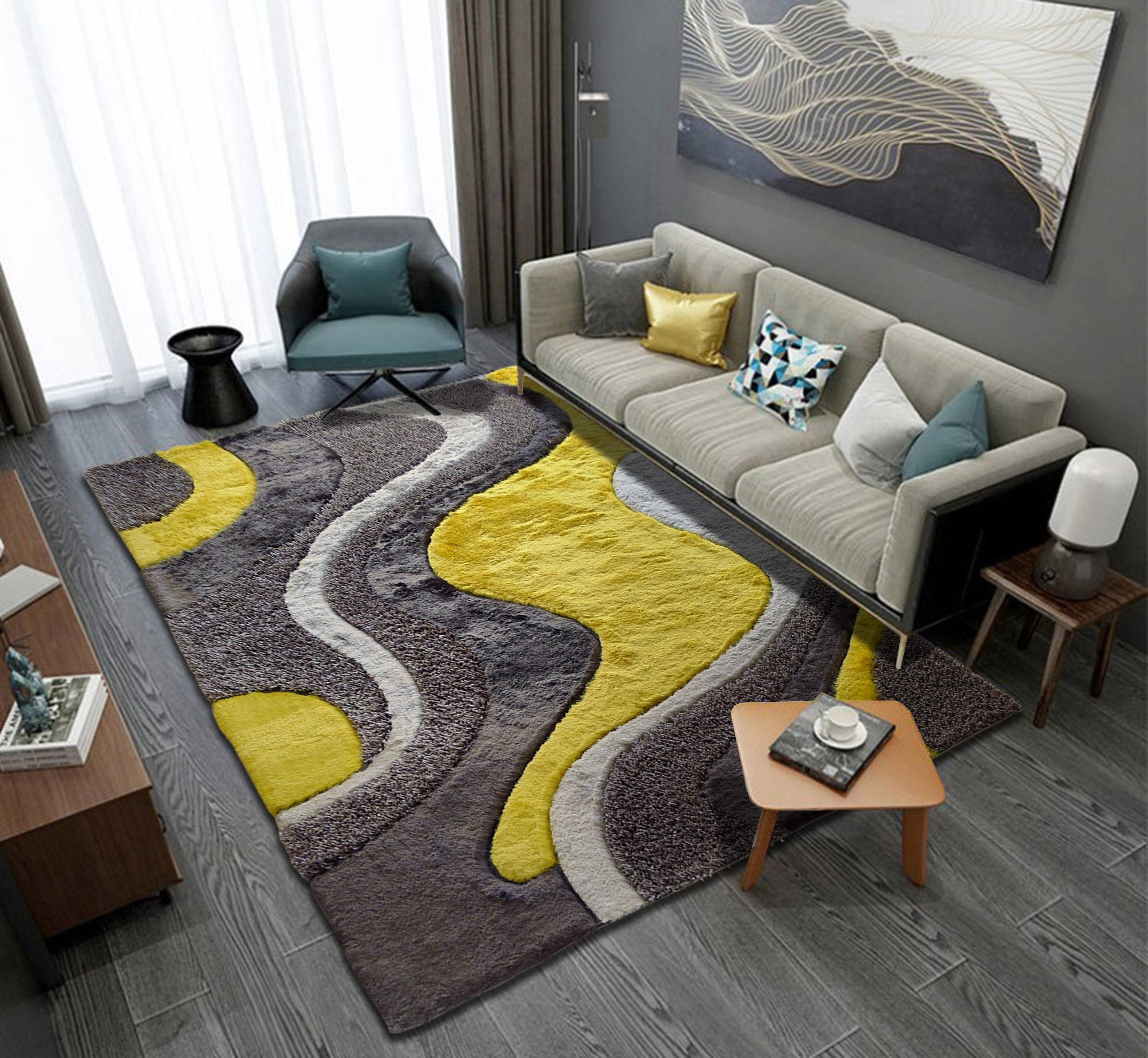 Shiny Rug Gray Yellow Shaggy Viscose Shiny Design Soft Multi-Textural Shag, 5'x7 ...