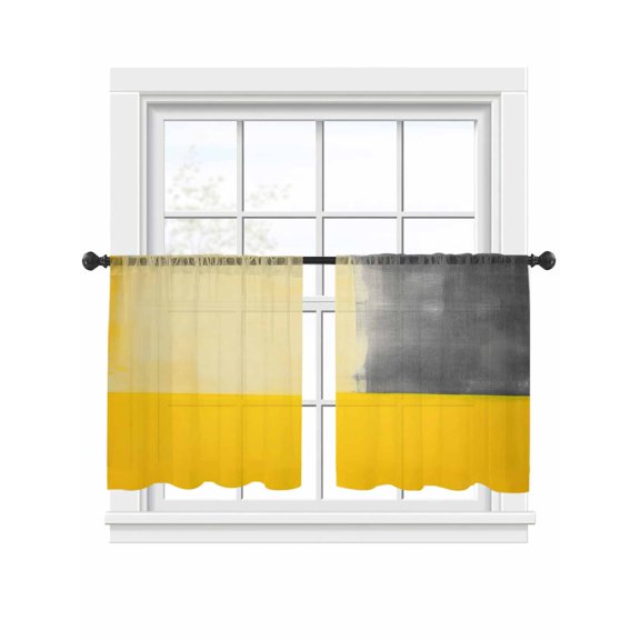 Gray Yellow Sheer Curtains for Living Room Bedroom, Light-filtering Sheer Curtain, Geometric Color Block LigRod Pocket Voile Window Treatment Drapes, 52’’Wx54’’L, 2 Panels Set