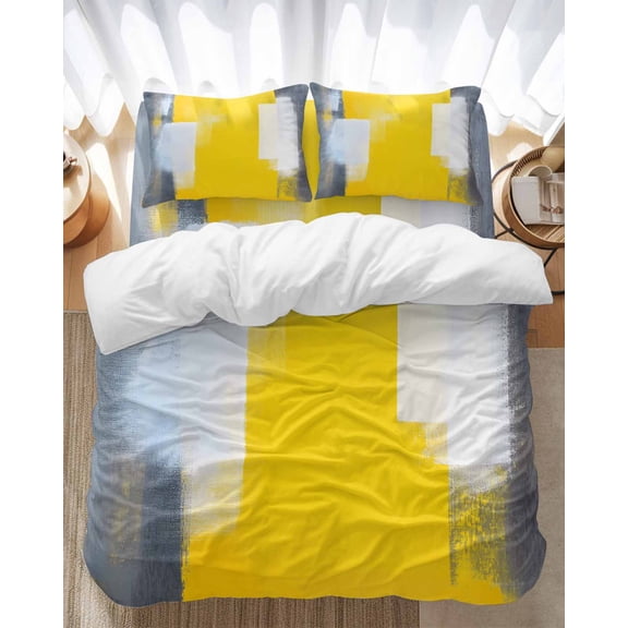 Gray Yellow White Geometric Bedding Duvet Cover Set Full 4 Pieces Gradient Abstract Mottled Paint Texture Bedding Set with Zipper Closure,1 Comforter Cover 86x86 Inches 1 Flat Sheet & 2 Pillow Cases
