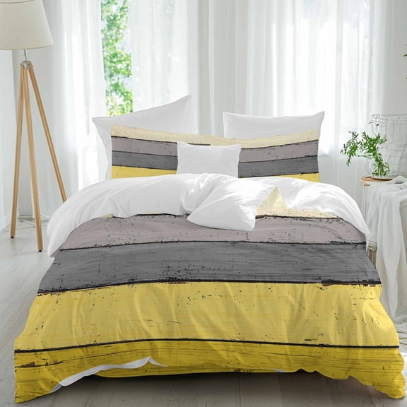 Gray Yellow Wood Grain Queen Size Comforter Set, Countryside Stripe Gradient Art Bedding for All Seasons, 4 Pcs Bed Set, 1Quiltcover (90"x92") ,1Sheet(94"x116"), 2Pillowcases (30"x20")