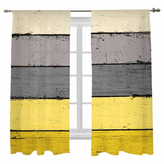 Gray Yellow Wood Grain Sheer Curtains 72 inches Long, Countryside Stripe Gradient Art Light Filtering Sheer Window Curtains Rod Pocket Voile Drapes for Bedroom Living Room, 52"W x 72"L 2 Panels
