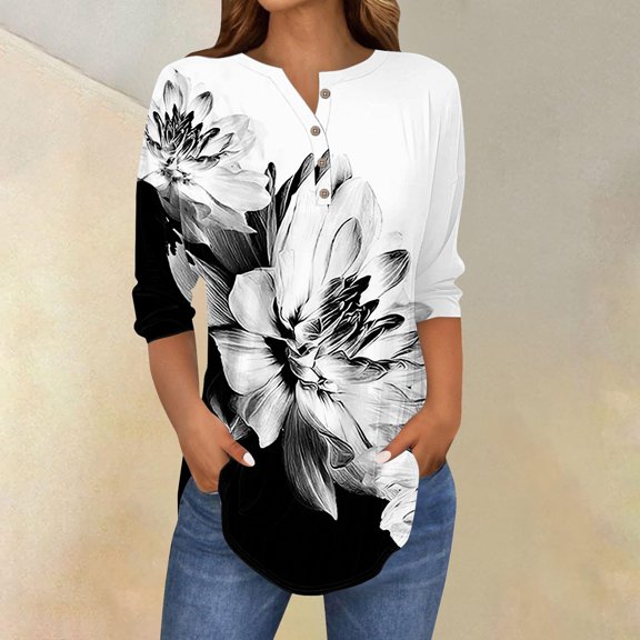 Gray Young Adult Tops 3/4 Length Sleeve Womens Tops 2025 Spring Neck Casual Print Tunic T Shirts Three Quarter Length Womens Tops Plus Size Tops for Women