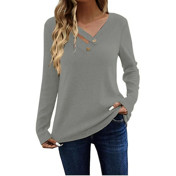 Gray Young Adult Tops Long Sleeve Shirts for Women Casual Ribbed Knit Tops Loose Fit Comfy V Neck Tunic Tops Trendy Tshirts Blouses Plus Size Tops for Women