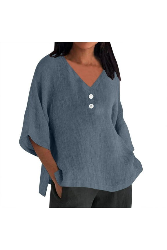 Gray Young Adult Tops Summer Women's 7 Quarter Sleeve V Neck Solid Color Loose Top T Shirt Casual Shirt Plus Size Tops for Women