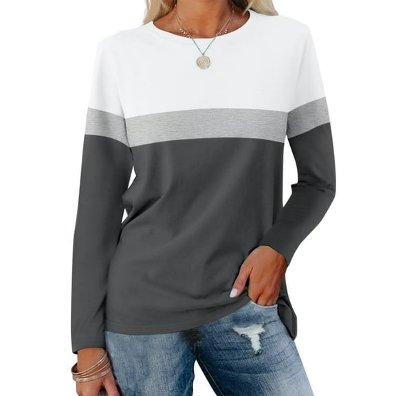 Gray Young Adult Tops Women's Color Block Tunic Tops Casual Long Sleeve Shirts Round Neck Pullover Plus Size Tops for Women