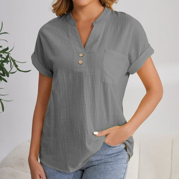 Gray Young Adult Tops Women's Fashion Casual V Neck Button Down Short Sleeve Top T Shirt Plus Size Tops for Women