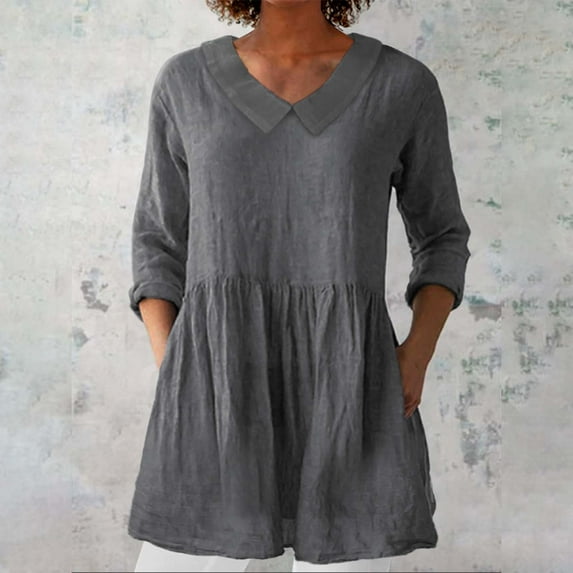 Gray Young Adult Tops Women's Fashionable and Casual Solid Color Cotton Linen Doll Collar Long Sleeve Loose Top T Shirt Going Out Tops for Women