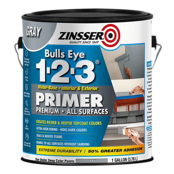 Gray , Zinsser Flat Bulls Eye 1-2-3 Interior/Exterior Multi-purpose Water-based Primer- Gallon, 1 Pack
