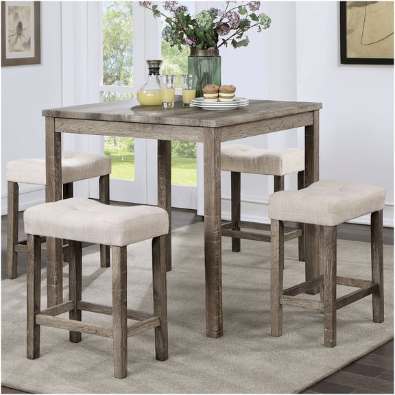 Gray and Beige 5-Piece Counter Height Dining Set with Table and Fabric Stools